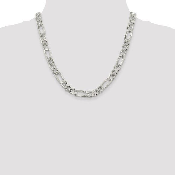 Men's 9.5mm Sterling Silver Pave Flat Figaro Chain Necklace, 22 Inch